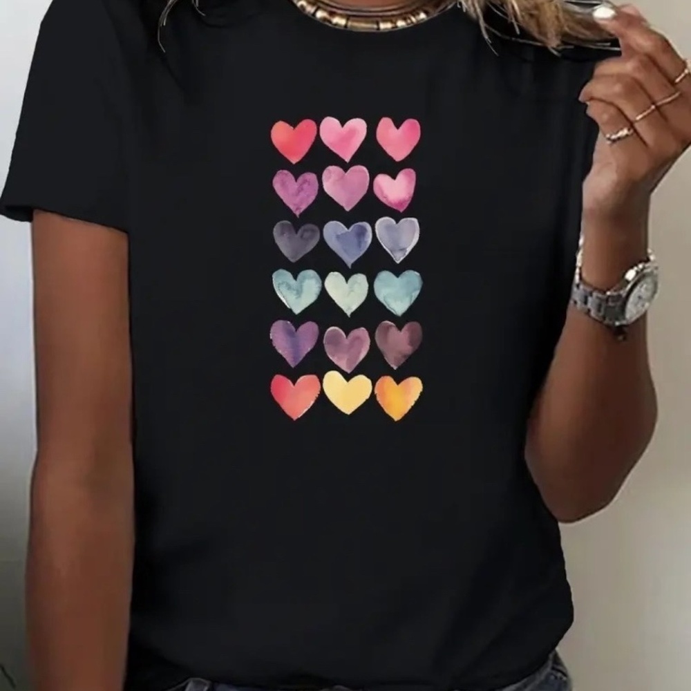Heart Gradient Print T-Shirt Crew Neck Short Sleeve Black XL